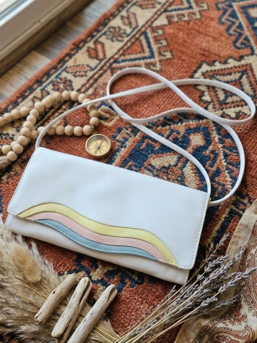 Derek Alexander White Leather Crossbody Wallet Pastel Wave Clutch Bag 1980s VTG